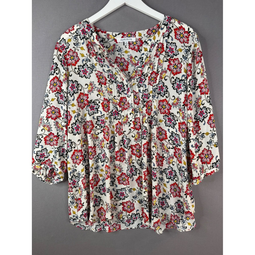 Rose + Olive Top Womens 1X White Red Floral Pintuck Button Front 3/4 Sleeve